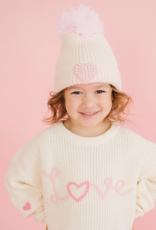 Sweet Wink Pearl Heart Patch Pom Pom Beanie