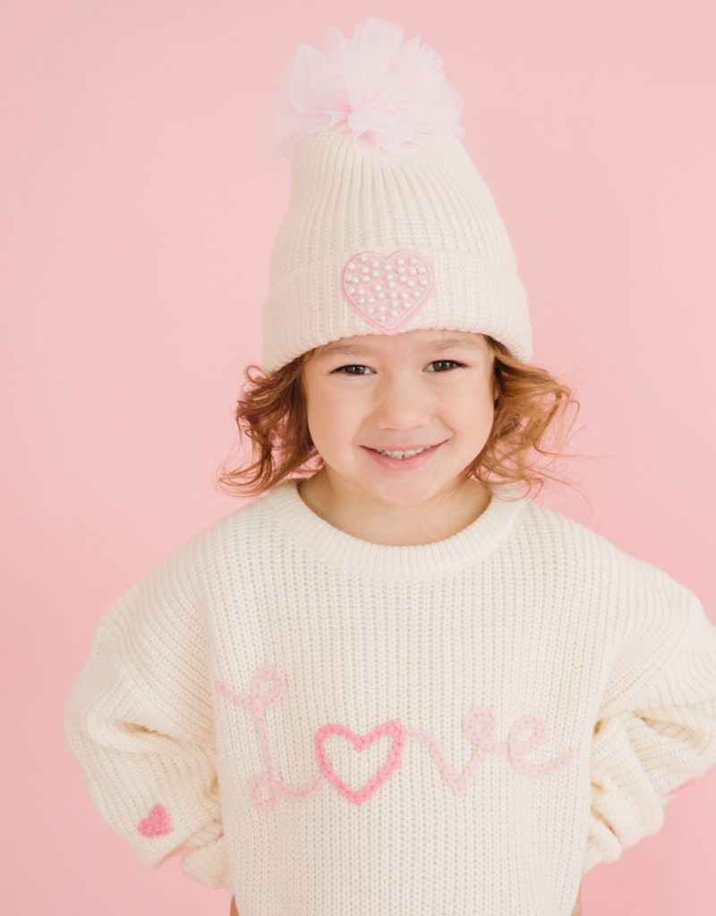 Pearl Heart Patch Pom Pom Beanie
