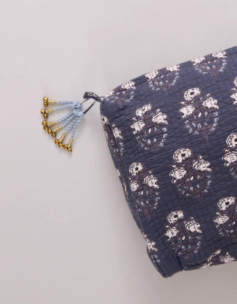 Pink Chicken Quilted Pouch Navy Strawflower Large