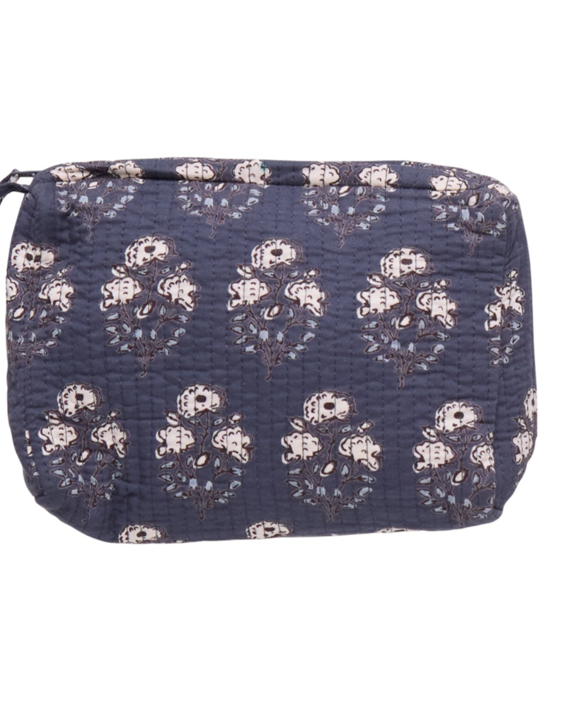 Pink Chicken Quilted Pouch Navy Strawflower Small