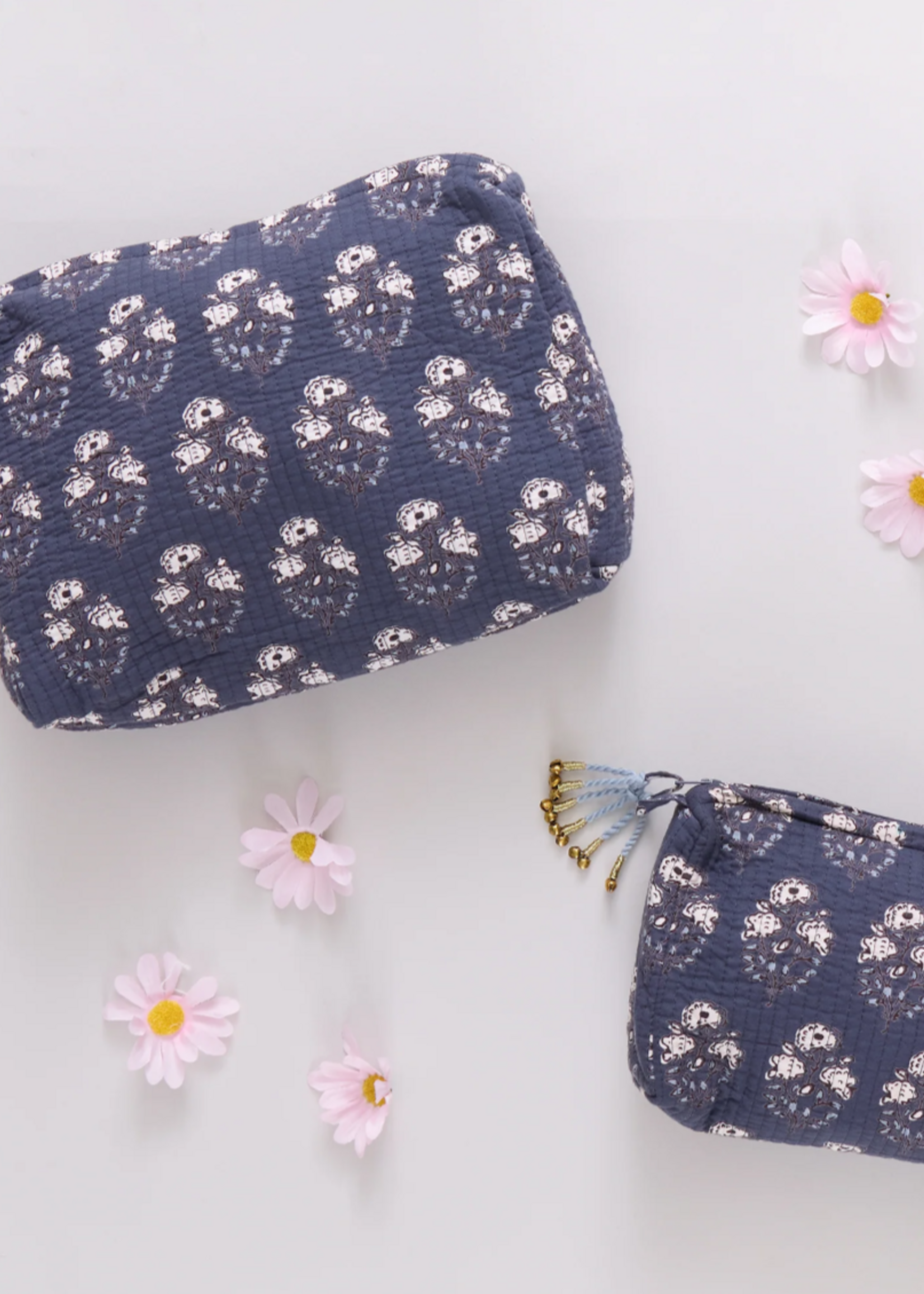 Pink Chicken Quilted Pouch Navy Strawflower Small