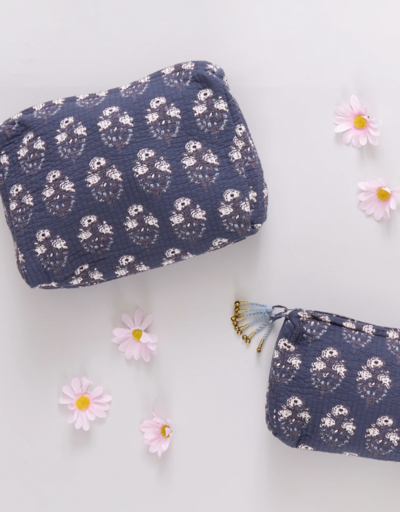 Pink Chicken Quilted Pouch Navy Strawflower Small