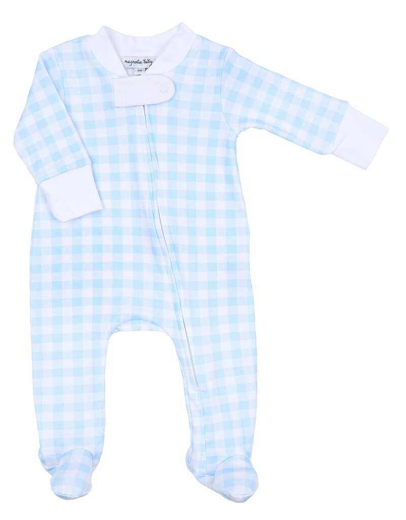 Magnolia Baby Baby Checks Blue Zipper Footie
