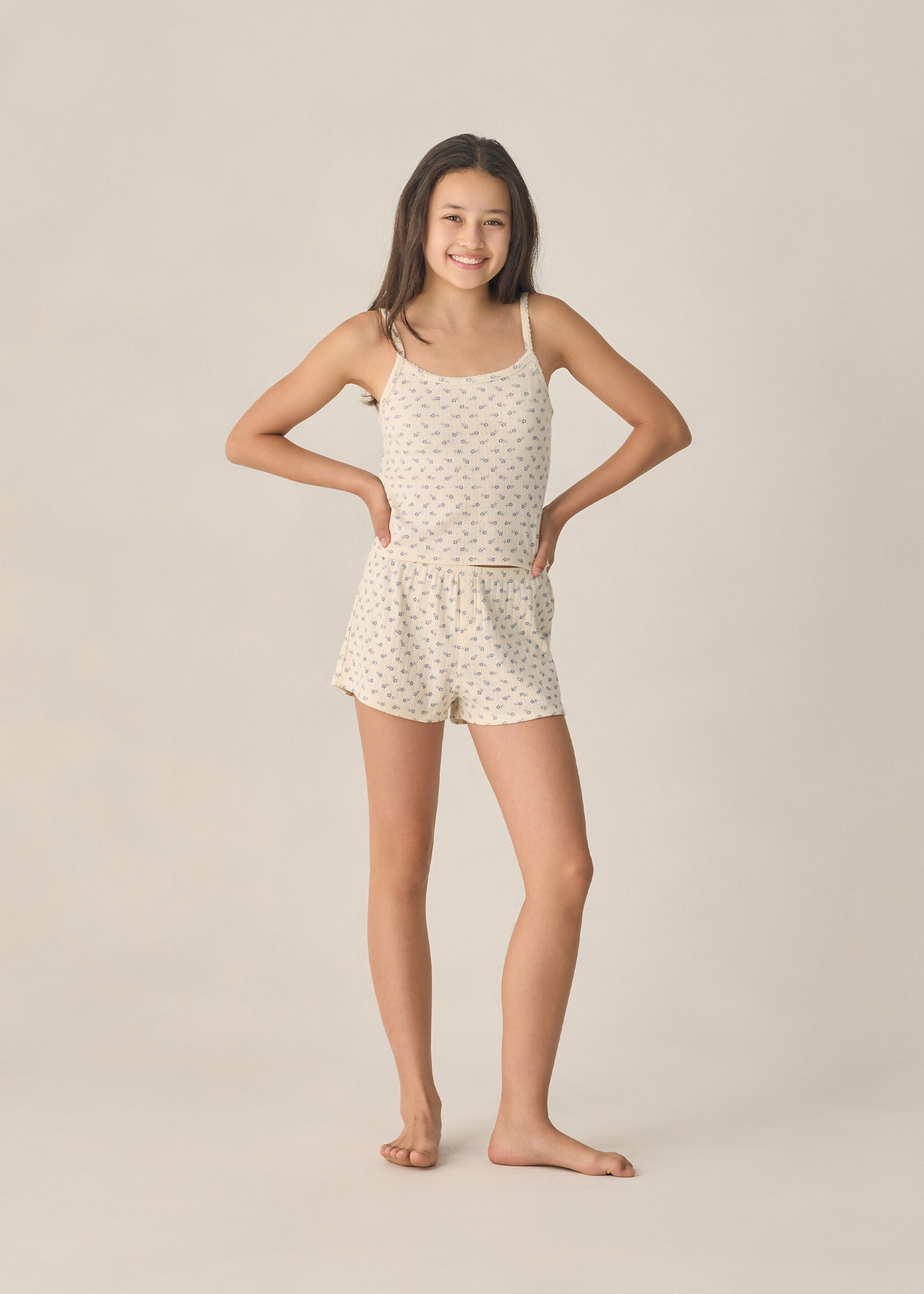 Rylee + Cru LLC TEEN POINTELLE LOUNGE SET BLUE DITSY