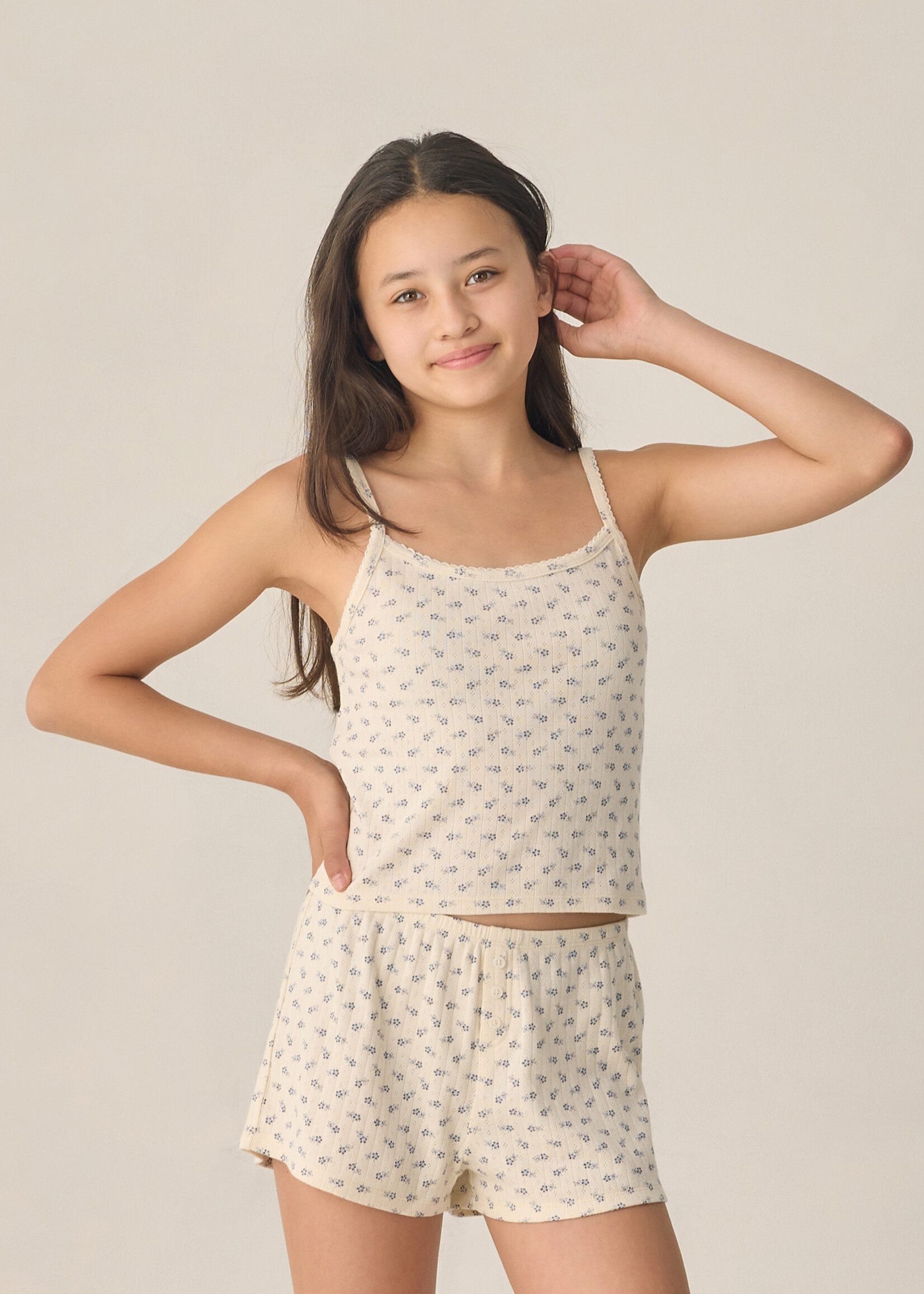 Rylee + Cru LLC TEEN POINTELLE LOUNGE SET BLUE DITSY