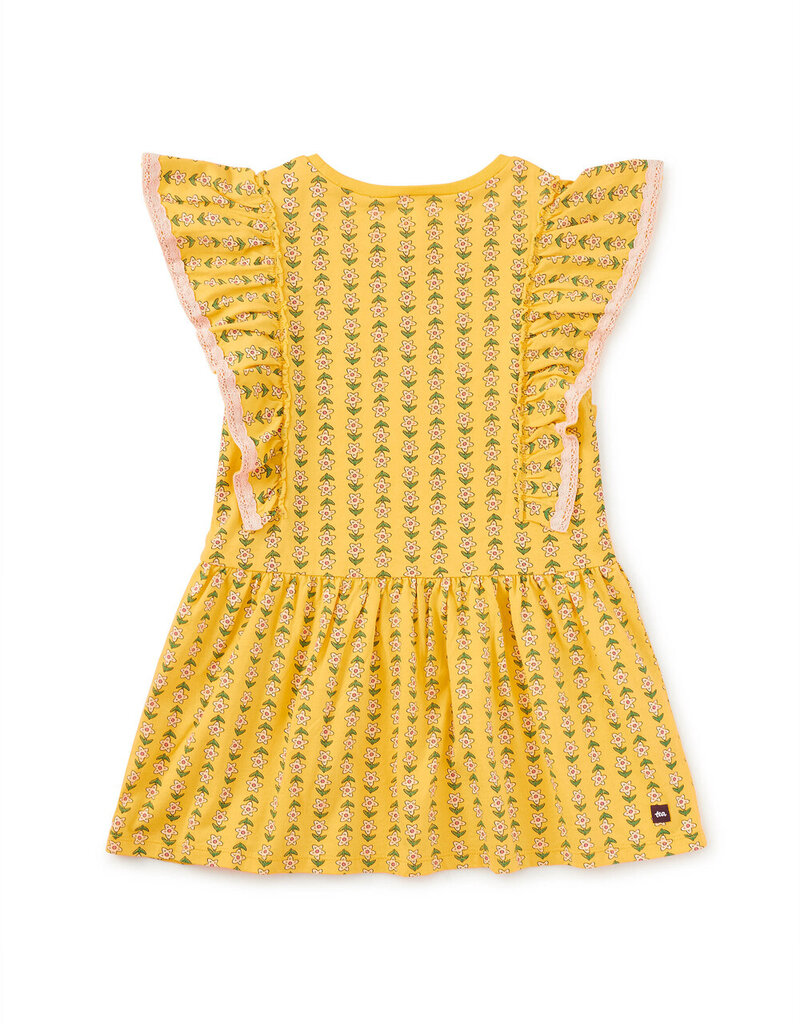 Tea Collection CROCHET TRIM RUFFLE DRESS VINTAGE FLORAL TILE