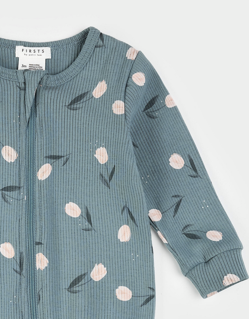 Petit Lem FOOTED SLEEPER KNIT-TEAL W/TULIPS