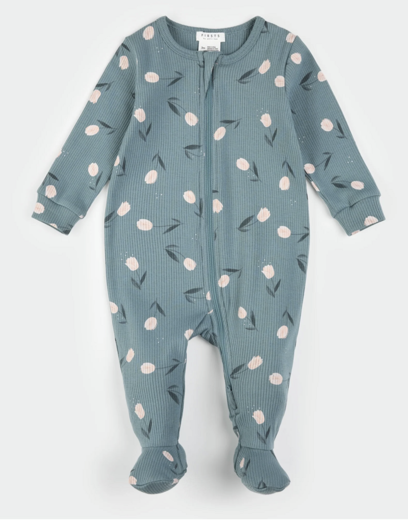 Petit Lem FOOTED SLEEPER KNIT-TEAL W/TULIPS