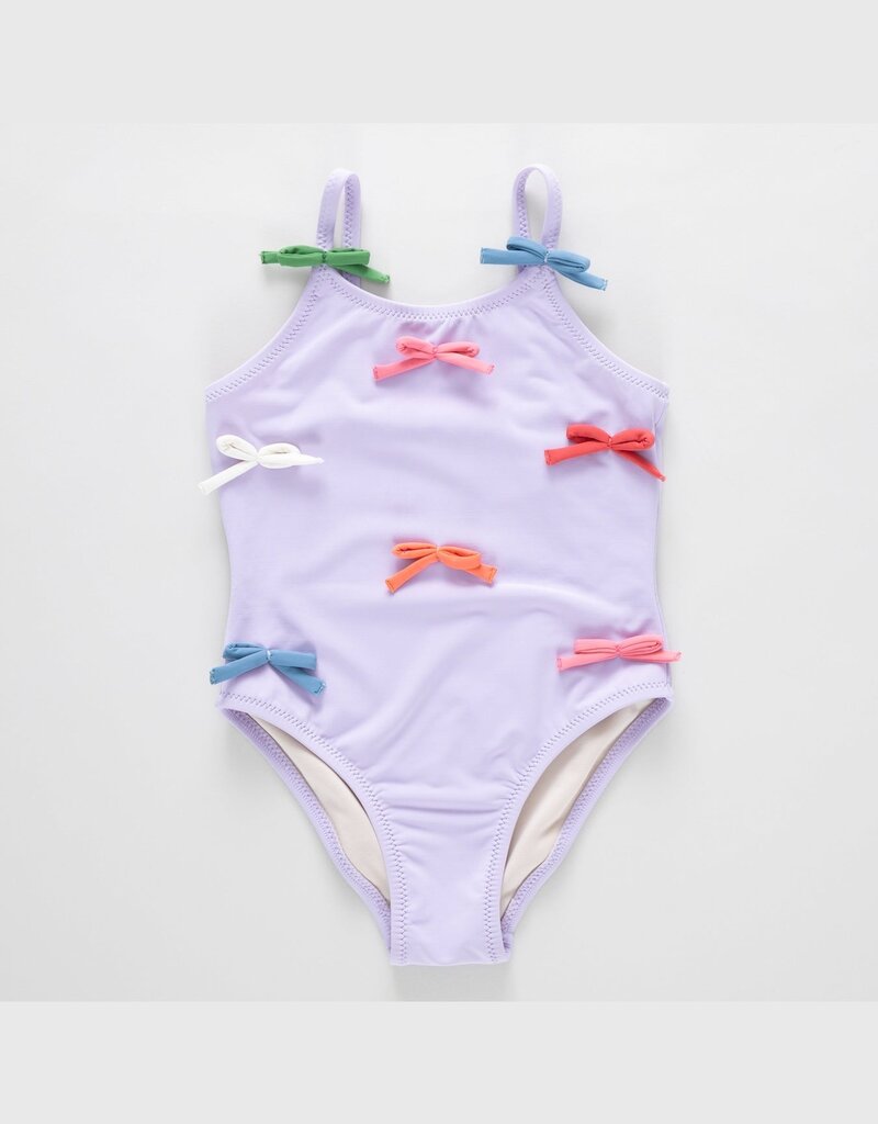 Pink Chicken girls lottie suit - lavender multi bow applique