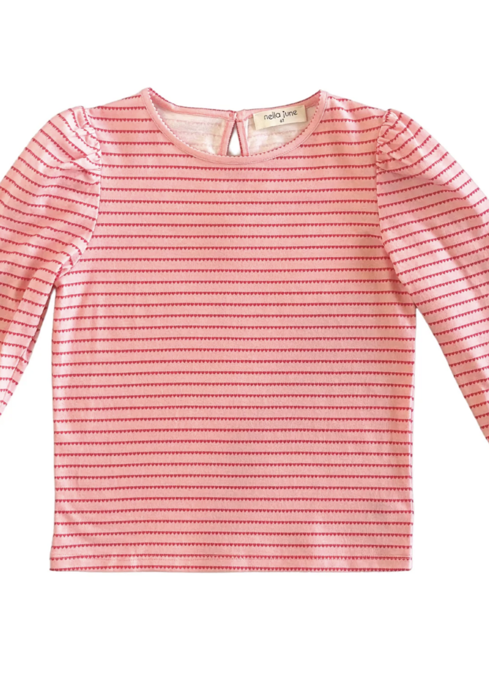 Nella June L/S Puff Sleeve Tee Pink/Red Heart Stripe