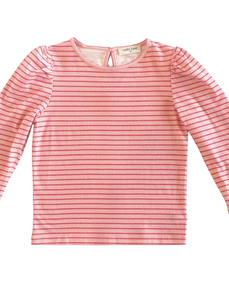 Nella June L/S Puff Sleeve Tee Pink/Red Heart Stripe