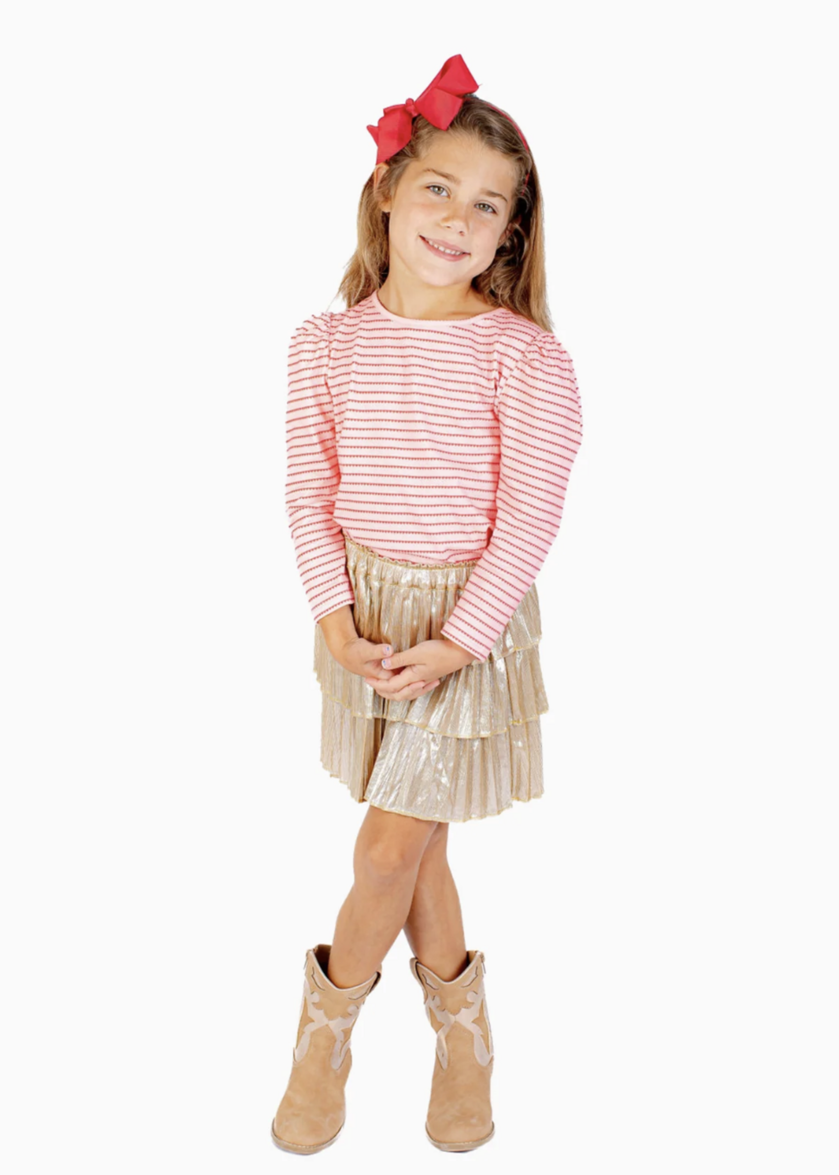 Nella June L/S Puff Sleeve Tee Pink/Red Heart Stripe
