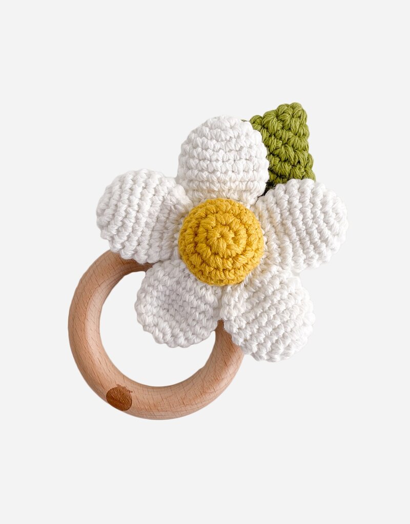 The Blueberry Hill Teether Flower White Cotton Crochet Rattle