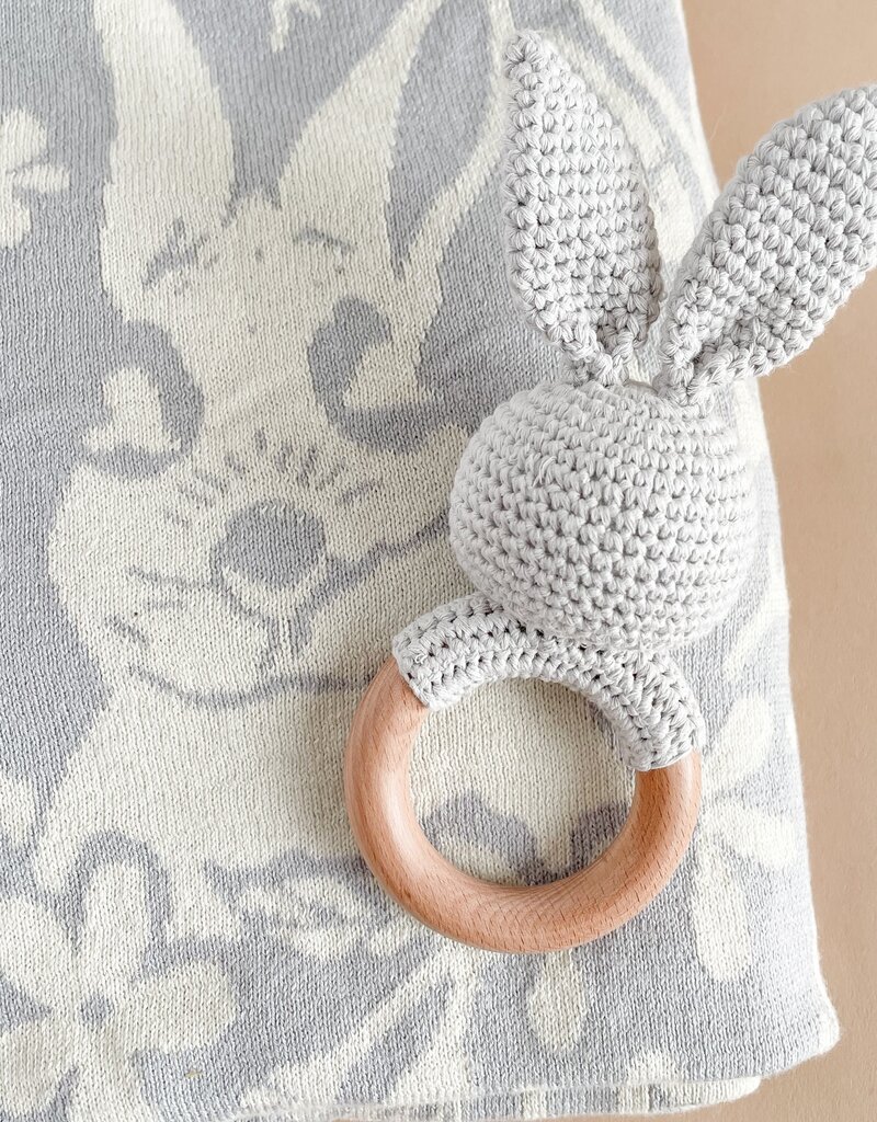The Blueberry Hill Teether Bunny Grey Cotton Crochet Rattle