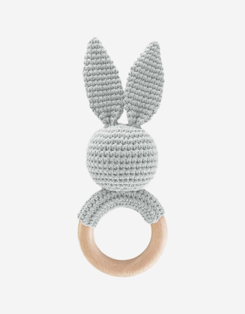 The Blueberry Hill Teether Bunny Grey Cotton Crochet Rattle