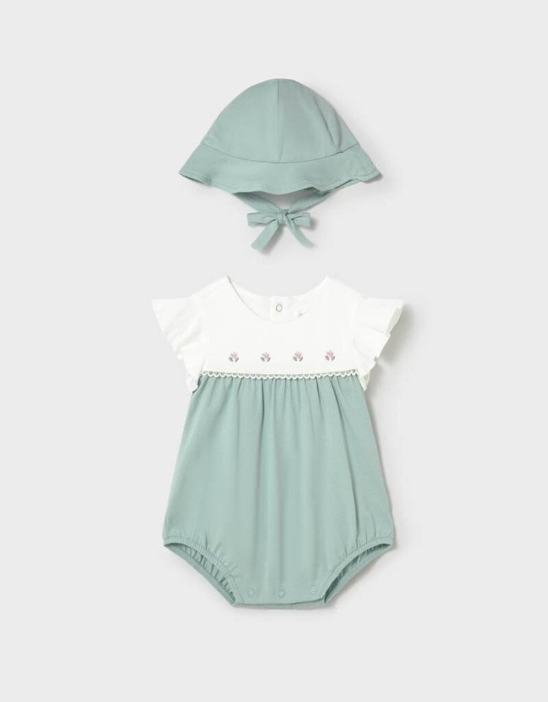 Mayoral Mint Embroidered Romper w/Hat