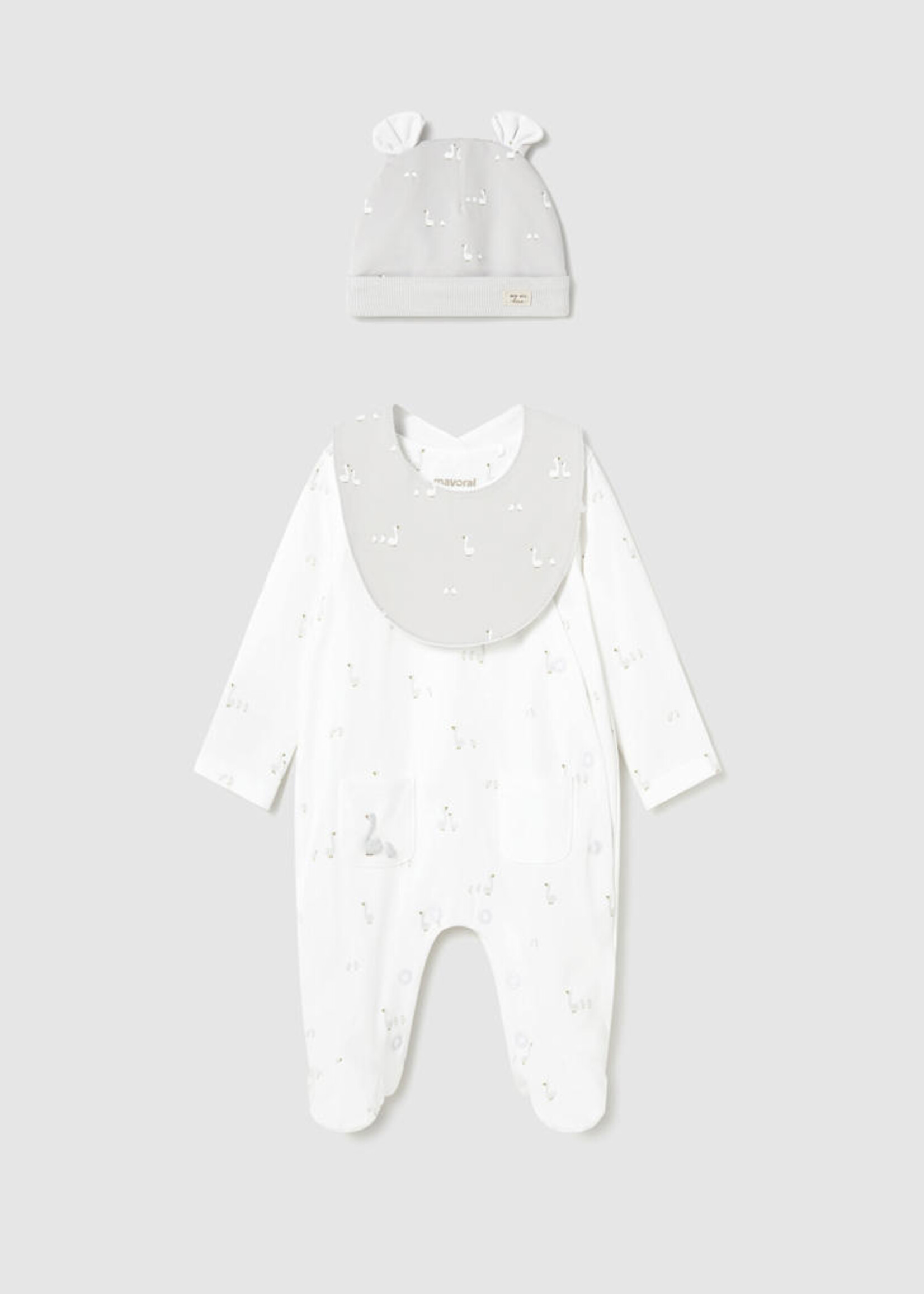 Mayoral Goose Print White 3pc Footie Set