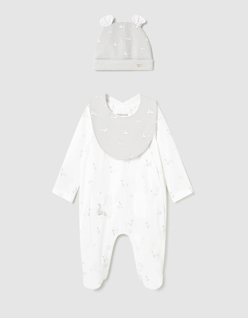 Mayoral Goose Print White 3pc Footie Set