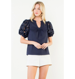 THML Clothing Womens Eyelet Sleeve V-Neck Top