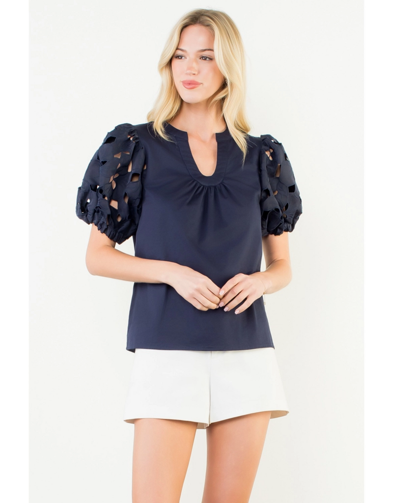 THML Clothing Womens Eyelet Sleeve V-Neck Top