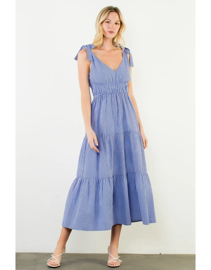THML Clothing Womens Tie Strap Striped Tiered Maxi Dress
