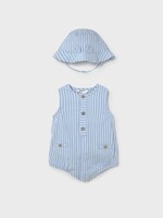 Mayoral SALE. Sky Blue Stripe Sleeveless Romper w/Hat