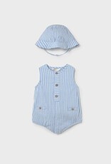 Mayoral Sky Blue Stripe Sleeveless Romper w/Hat