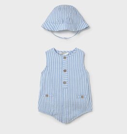 Mayoral Sky Blue Stripe Sleeveless Romper w/Hat