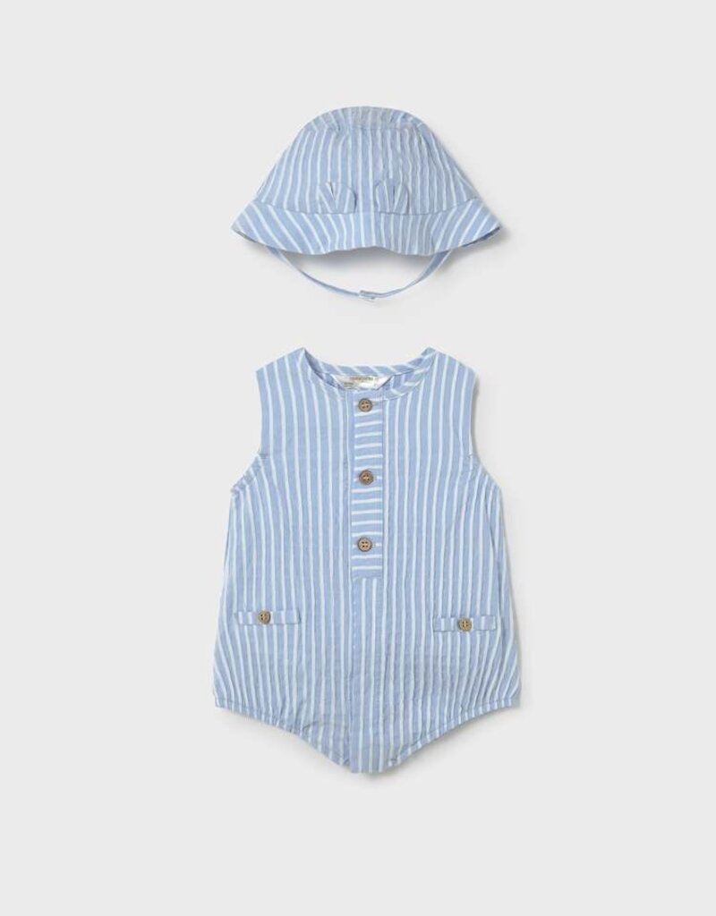Mayoral Sky Blue Stripe Sleeveless Romper w/Hat