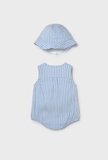 Mayoral Sky Blue Stripe Sleeveless Romper w/Hat