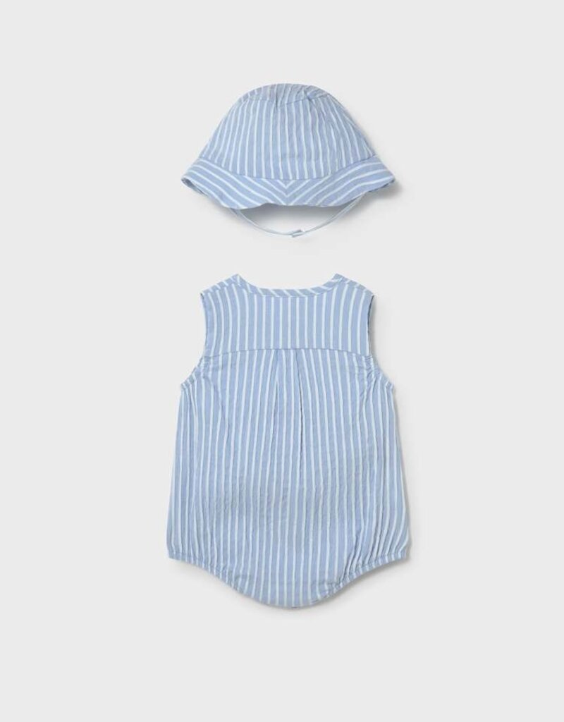 Mayoral Sky Blue Stripe Sleeveless Romper w/Hat