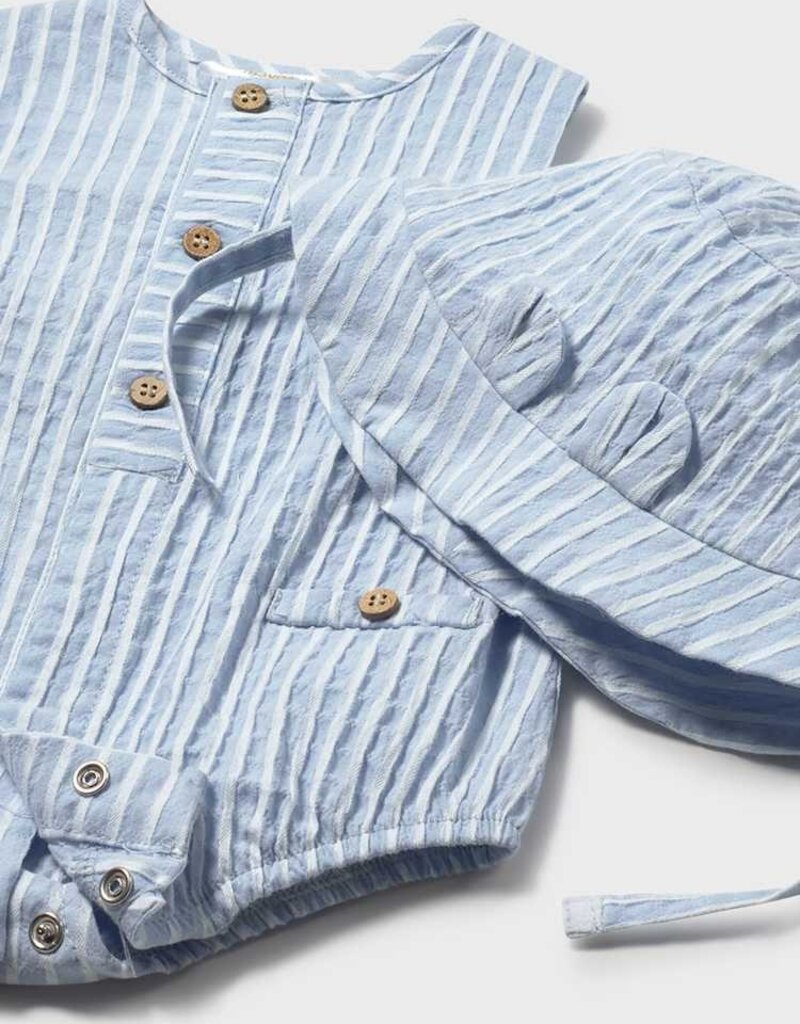 Mayoral Sky Blue Stripe Sleeveless Romper w/Hat