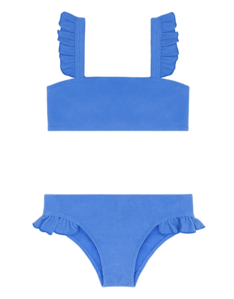 Minnow deep sea blue terry ruffle strap bandeau bikini