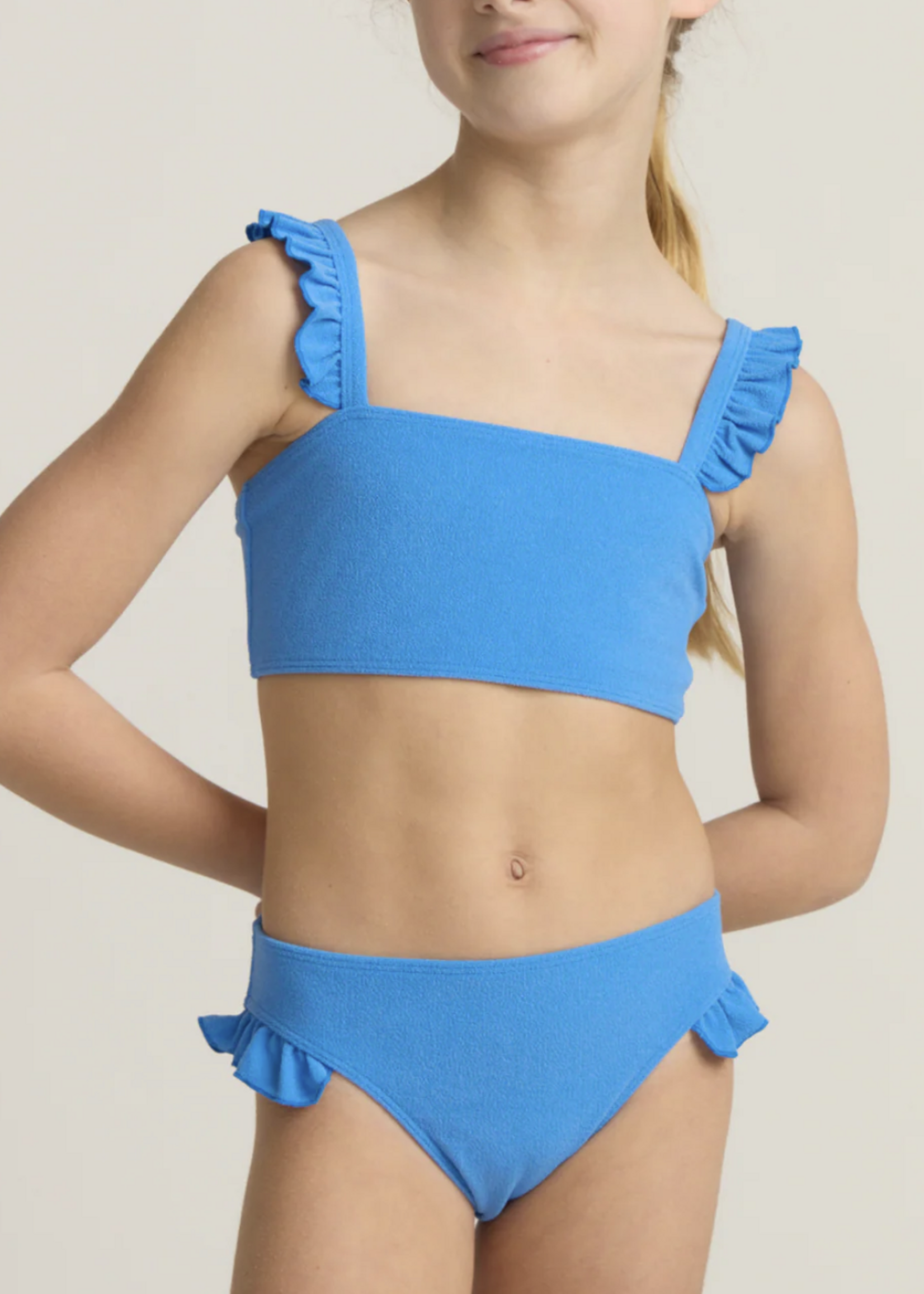 Minnow deep sea blue terry ruffle strap bandeau bikini