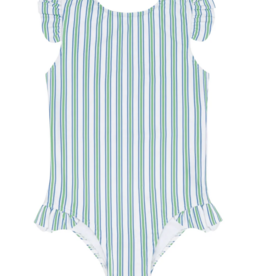 Minnow tamarin stripe ruffle cap sleeve rashguard one piece