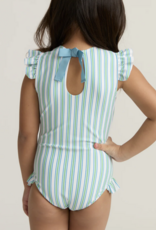 Minnow tamarin stripe ruffle cap sleeve rashguard one piece