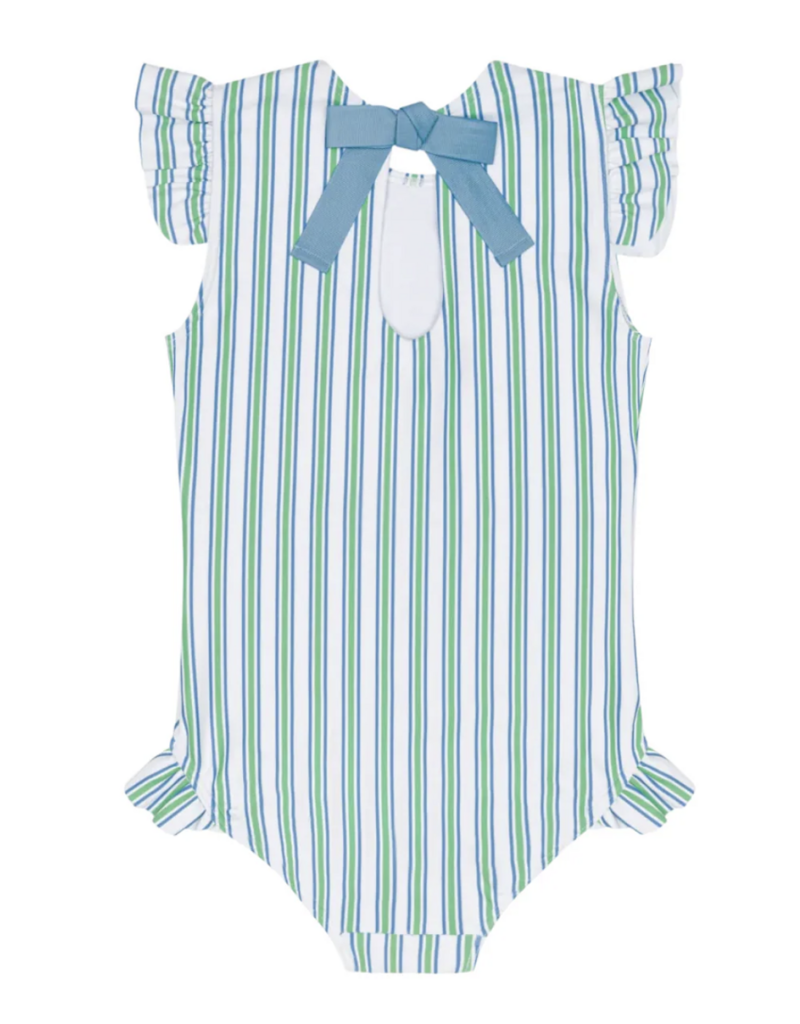 Minnow tamarin stripe ruffle cap sleeve rashguard one piece