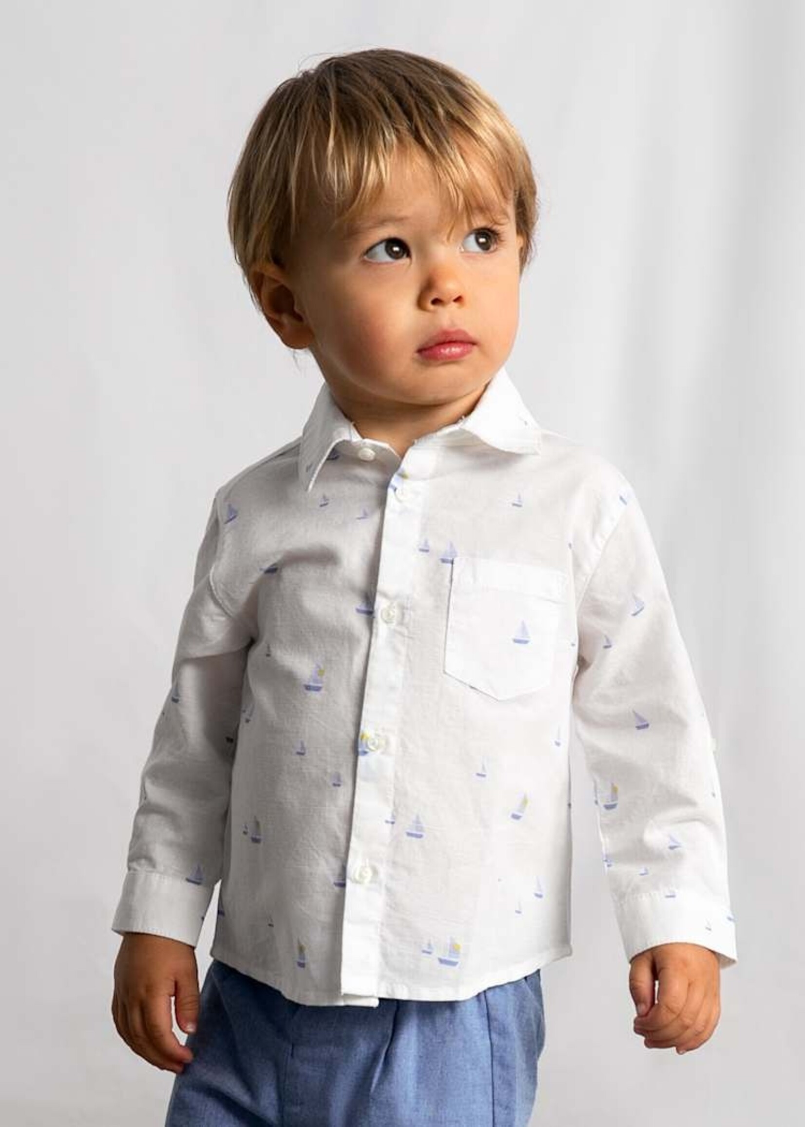 Mayoral Baby Boy L/S Linen Buttondown w/Sailboat Print