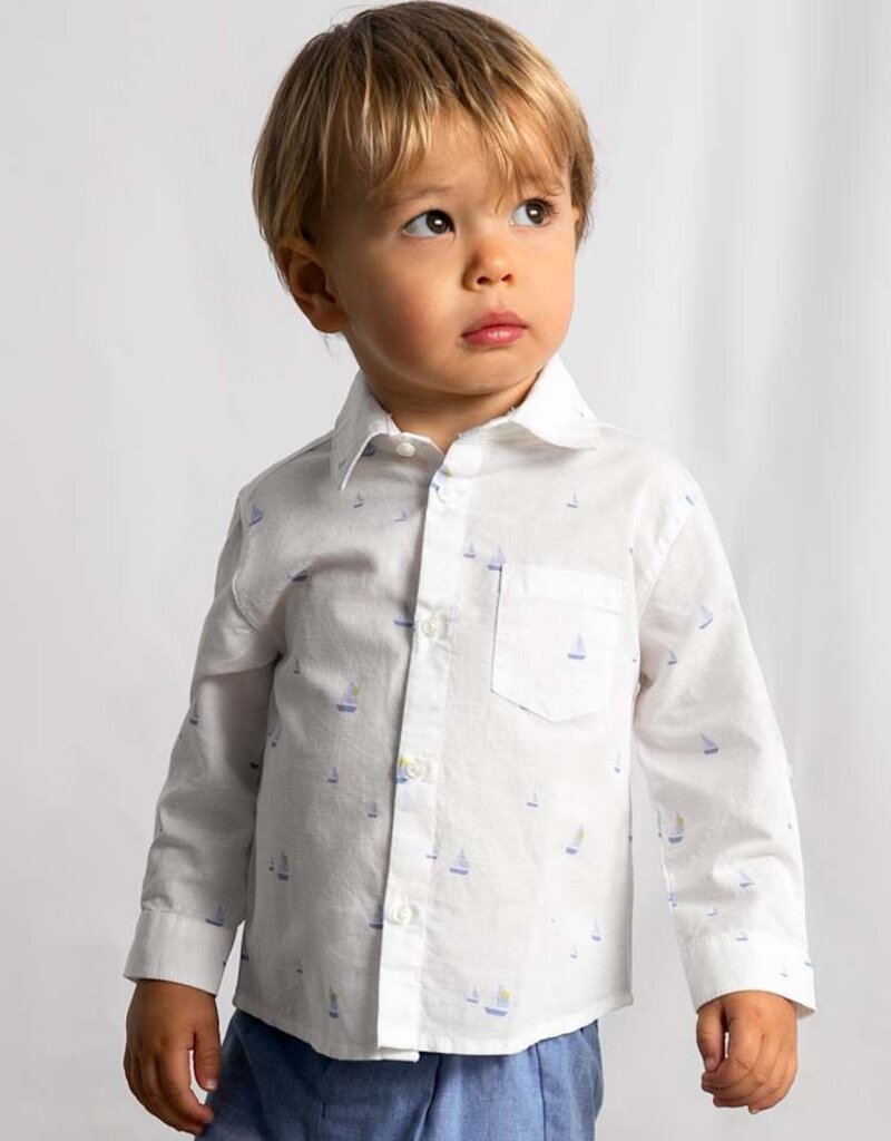 Mayoral Baby Boy L/S Linen Buttondown w/Sailboat Print