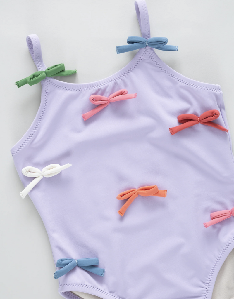 Pink Chicken girls lottie suit - lavender multi bow applique