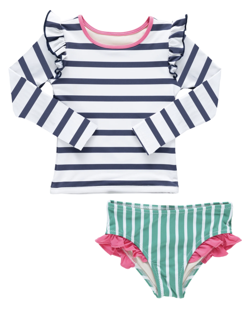 Pink Chicken girls rash guard set - navy stripe
