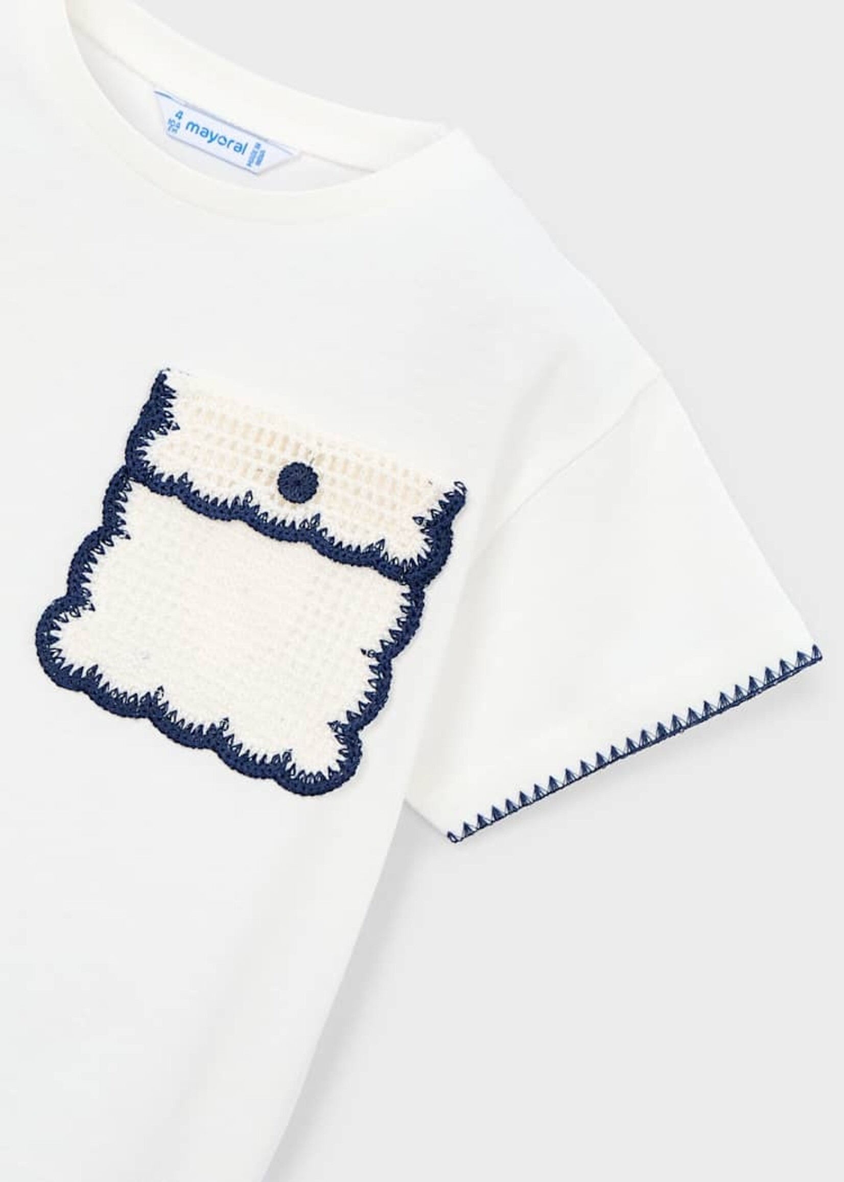 Mayoral S/S White Tee w/Crochet Pocket