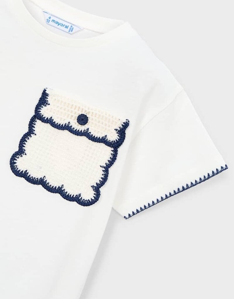 Mayoral S/S White Tee w/Crochet Pocket