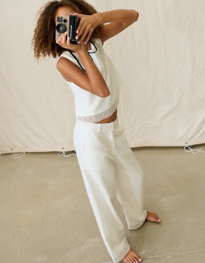 Mayoral White Lace Trim Sleeveless Top Pant Set
