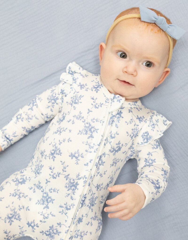 Angel Dear Baby Blue Vines Floral 2 Way Ruffle Sleeve Zipper Footie