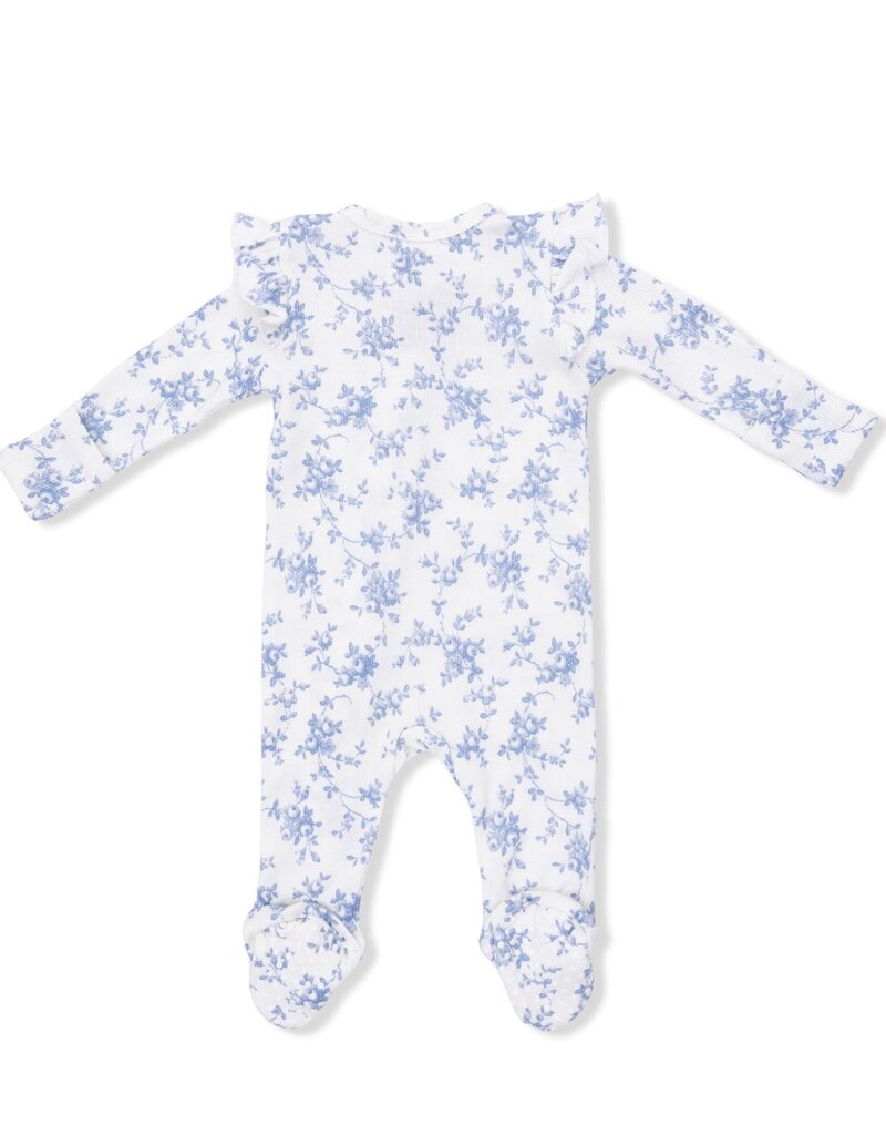 Angel Dear Baby Blue Vines Floral 2 Way Ruffle Sleeve Zipper Footie