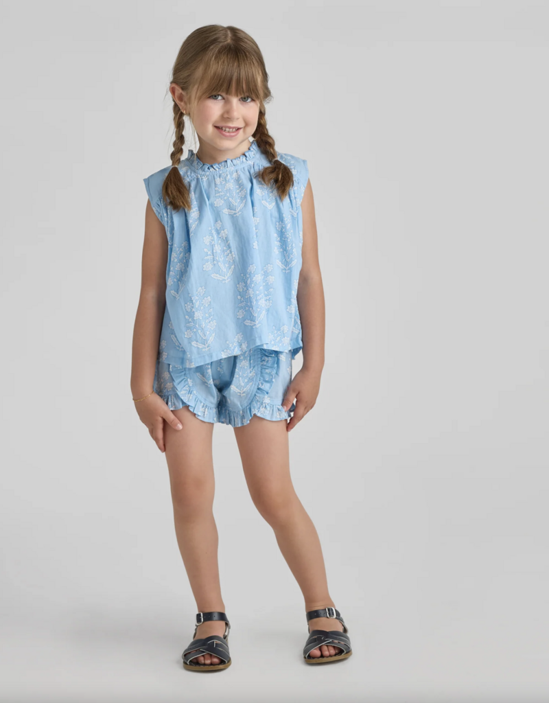 Pink Chicken girls millie ruffle short - blue dewdrop block print