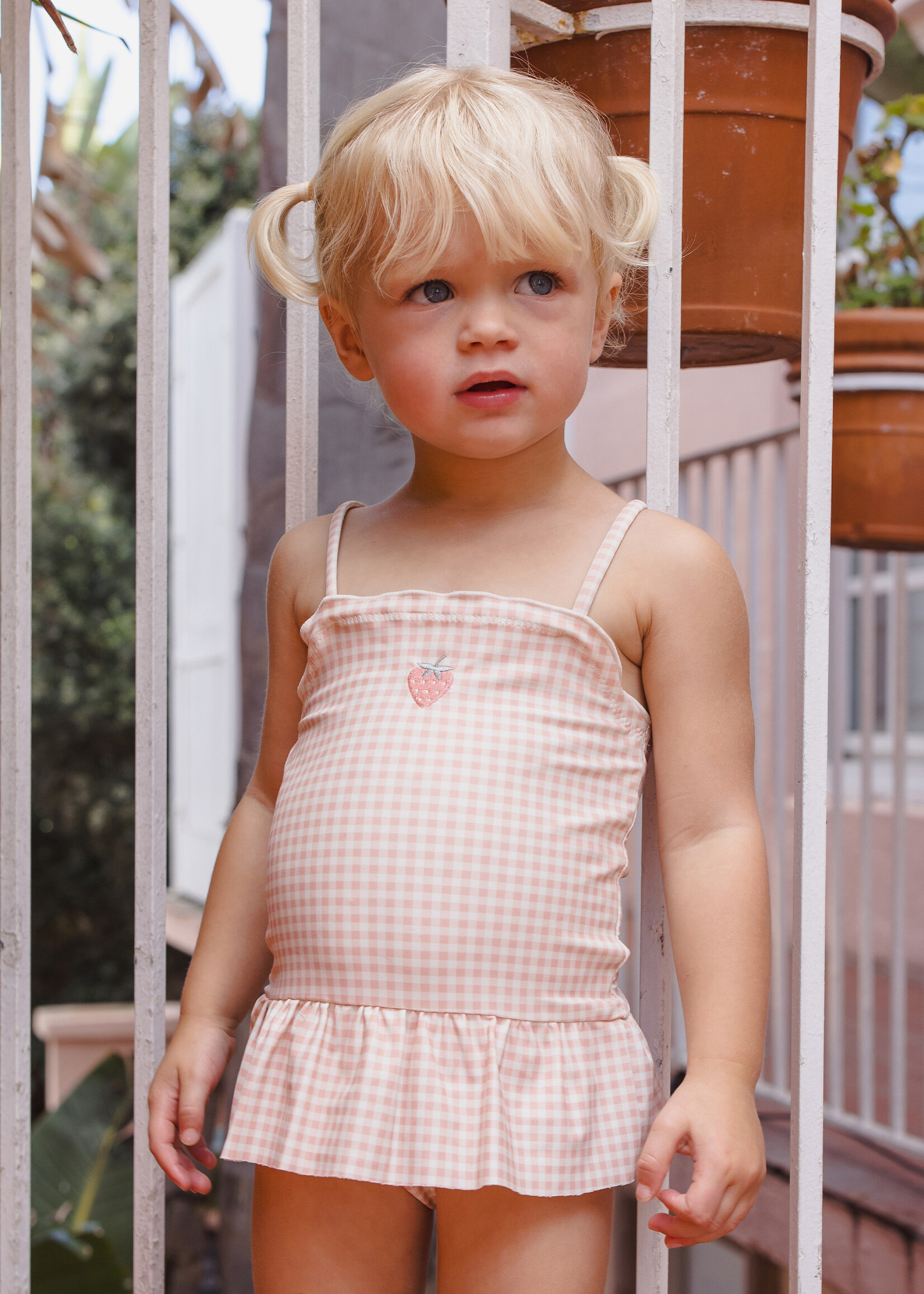 Rylee + Cru LLC TORI SKIRTED ONE-PIECE PETAL GINGHAM