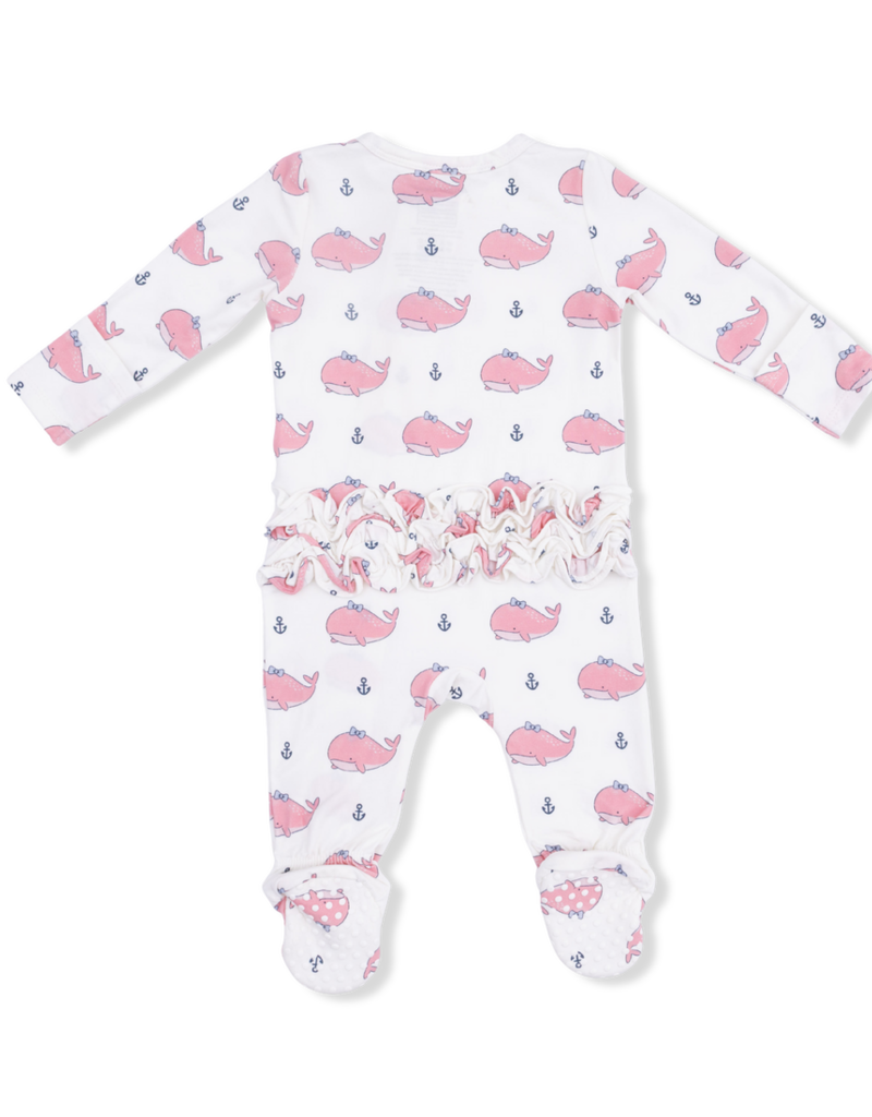 Angel Dear Bubbly Whale Bow Pink 2 Way Ruffle Back Zipper Footie