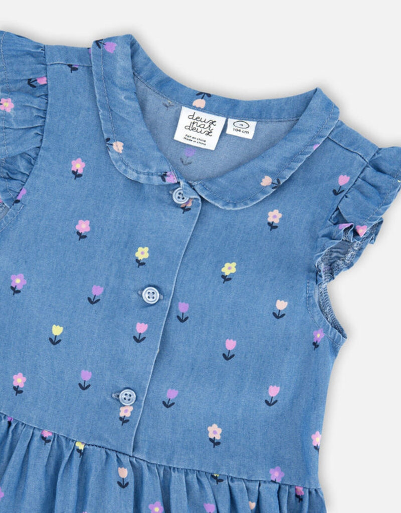 Deux par Deux Sleeveless Button Down Dress Blue Flower Print